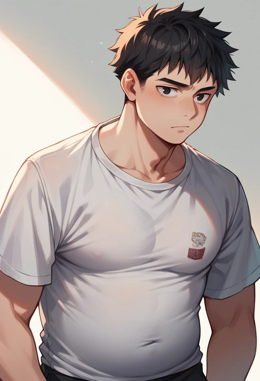 Portrait of a male face, Adolescent , black eyes and dull look, short black hair, chubby, Black lenses, student clothes manga version 