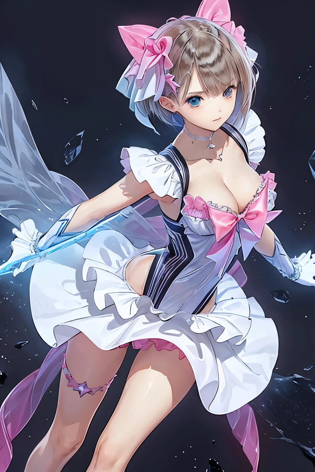 (((SFW、sound、Highest quality、first-class、masterpiece、Normal body、8K、Detailed face、Ultra-precision、Normal hand、Normal finger、5Finger、Highest)))、beautiful girl、Silver Hair、Odd Eye((Emerald、Brown))、Shortcuts、Bobcut、High leg leotard、Colorful frill mini skirt、A bright ribbon on the right side of the head、Frill ribbon on chest、Large frill ribbon on the back、Invisible Sword、Shirai Hinako - Blue Reflection、Transform、Magical girl、Reflector