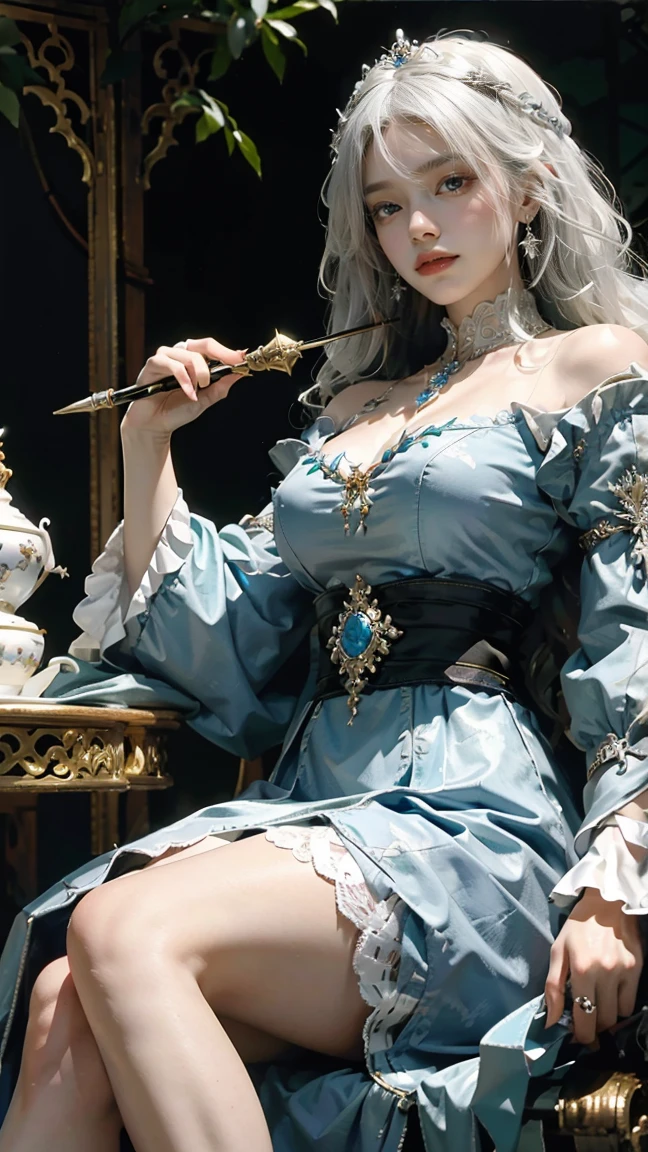((best quality)),白人女孩坐在carriage上,Cross your legs,carriage,From below,Open your mouth,Hand holding a scepter,have,Large Breasts,The background is grassland,Fat Girl,Fat Face,White,White的,White厚底鞋,Cross your legs,White hair,((masterpiece)),((1 girl)), Lots of details,((Jewelry)),Medieval noble summer dress, (Nikolai Fehin),(Fechinbu, They are like this, )