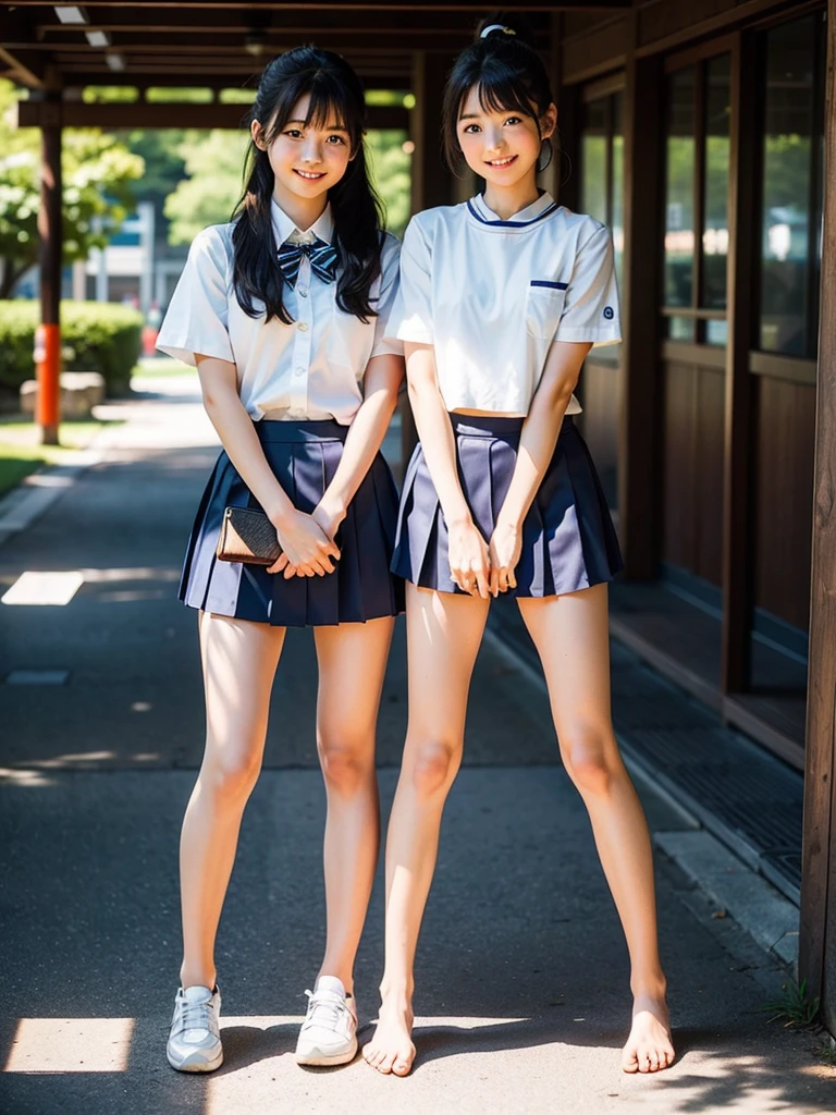 lens: 135mm f1.8, (Highest quality),(RAW Photos), (Short skirt:1.1), (Beautiful Japanese Woman), Cute face, (Deeply chiseled face:0.7), (freckles:0.4), dappled sunlight, Dramatic lighting, (Japanese School Uniform), (On campus), shy, ponytail, (Full Body Shot:1.2), (smile),, (Sparkling eyes)、(sunlight),Long, slender legs,Beautiful legs
