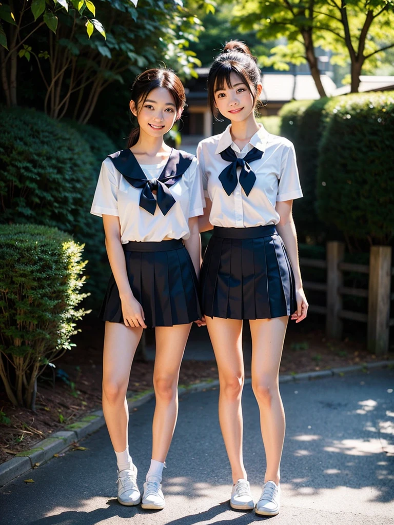 lens: 135mm f1.8, (Highest quality),(RAW Photos), (Short skirt:1.1), (Beautiful Japanese Woman), Cute face, (Deeply chiseled face:0.7), (freckles:0.4), dappled sunlight, Dramatic lighting, (Japanese School Uniform), (On campus), shy, ponytail, (Full Body Shot:1.2), (smile),, (Sparkling eyes)、(sunlight),Long, slender legs,Beautiful legs