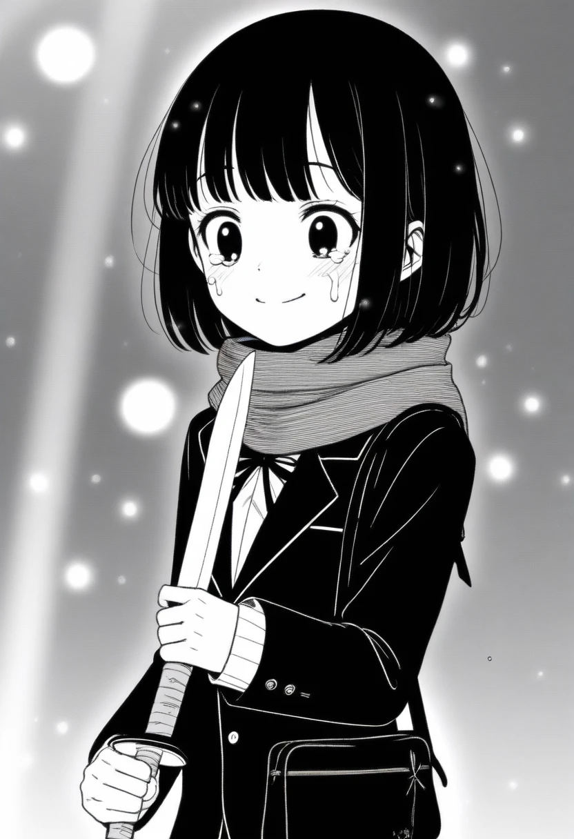 masterpiece, best quality, 1girl, mamerakkkkko, grayscale, manga style, japanese, chi no wadachi, black eyes, street, iced, black hair, schoolbag, smile, lineart, black coat, black scarf, black pleated skirt, leggings, centered, 18 years old, tall, fair skinned, bokeh background, crying, tears, tears streaming, bob cut, light particles, snowing, (((holding sword:1.3, holding with left hand, perfect hand, detailed hand:1.1)), emotional anime scene
