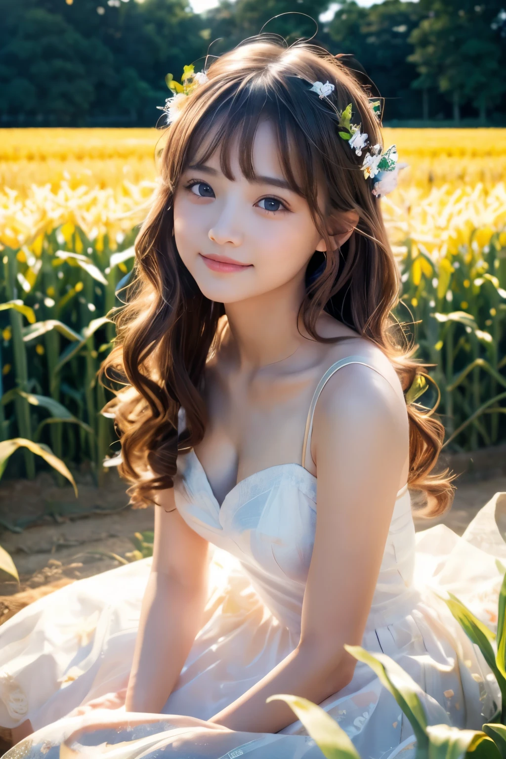 Cute Chibi Girl、smile、In the corn field、Very detailed、Ultra-realistic、Photorealistic、8K、Hyperrealistic、masterpiece、Beautiful detailed eyes、Beautiful detailed lips、Very detailedな顔、Long eyelashes、Beautiful young girl、Calm expression、sitting in a cornfield、Golden light、Warm colors、Beautiful lighting、Cinematic、Intricate details、Bright colors、natural environment、Lush vegetation、Soft Focus、Depth of written boundary