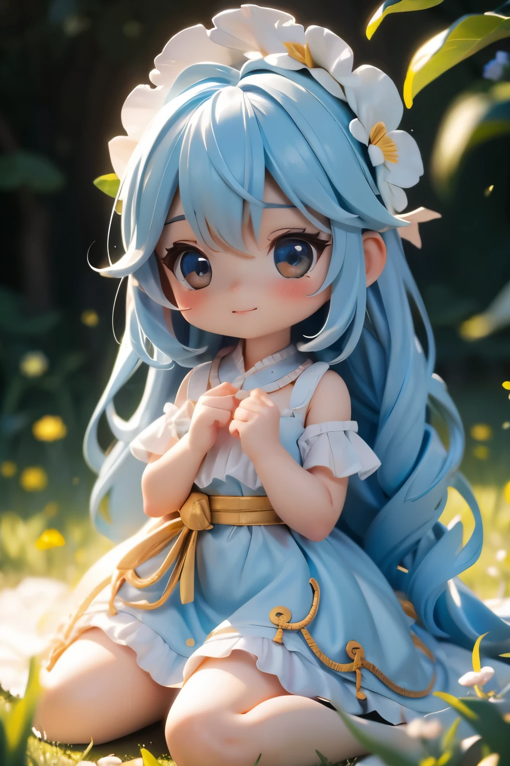 Cute Chibi Girl、smile、In the corn field、Very detailed、Ultra-realistic、Photorealistic、8K、Hyperrealistic、masterpiece、Beautiful detailed eyes、Beautiful detailed lips、Very detailedな顔、Long eyelashes、Beautiful young girl、Calm expression、sitting in a cornfield、Golden light、Warm colors、Beautiful lighting、Cinematic、Intricate details、Bright colors、natural environment、Lush vegetation、Soft Focus、Depth of written boundary