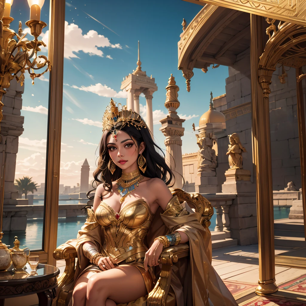 an woman sitting on a gothic throne, wrapped on the sheet, marble statue, octane render, dramatic lighting, keltic, roman, european, mandala, side view from bottom, anatomically correct, super detailed