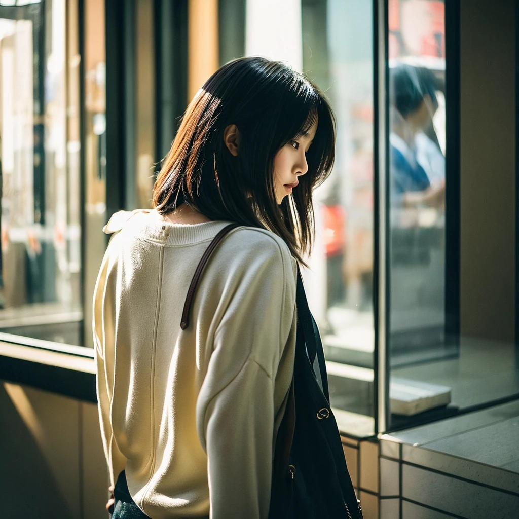 iPhone 15 pro photo, cool fashionable japanese woman, emotional photo, single focal length lens, portrait, Japanese photography style, Photo-detailed portrait style, full body rear facing photo, back view ,beautiful shining straighthair