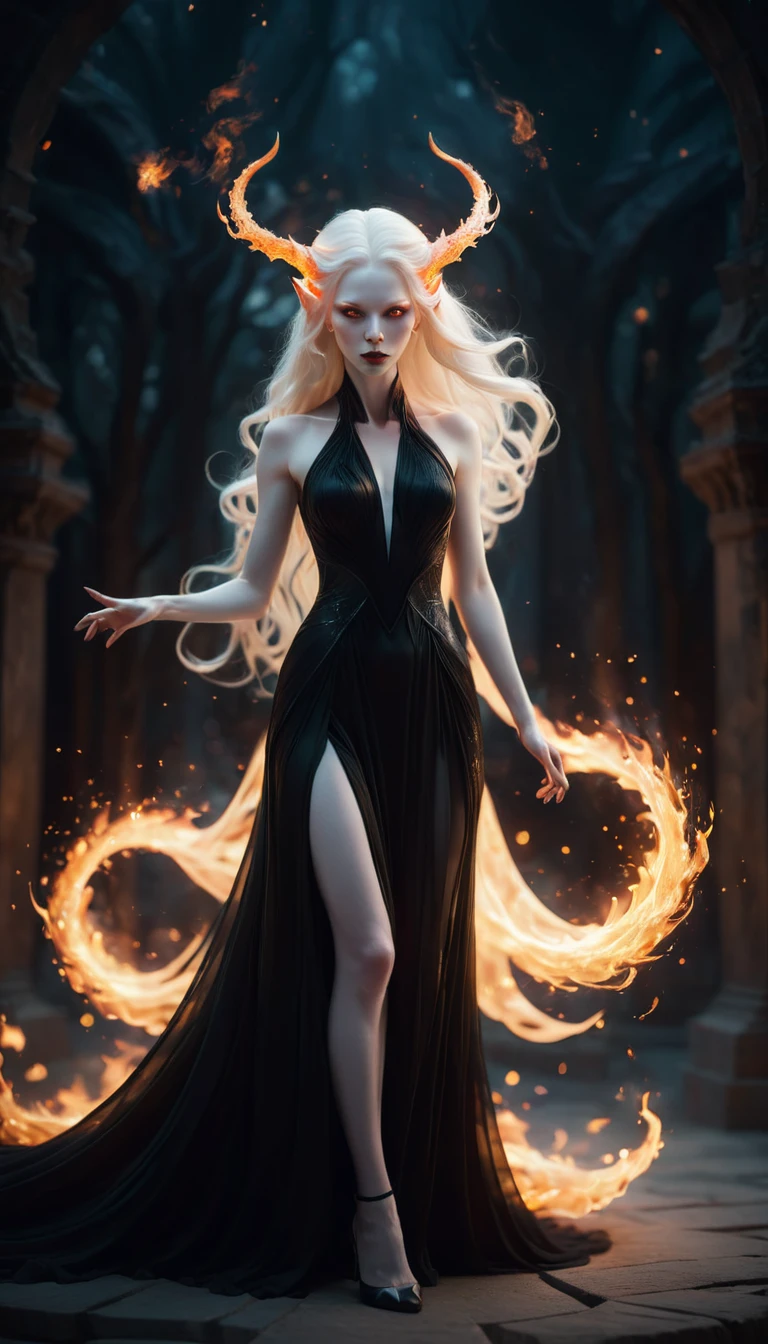 whole body, Solitary,A beautiful female demon, With deep black eyes, Albinos with very pale skin, Long hair fluttering in the wind, Floating flame particles, Long flowing transparent black dress, (Long and complex horns:1.2) desolate, surreal fantasy, at night, Geometric abstract art, fantasy, detailed, (Rim Light, Side lighting:1.4), Bokeh, 4K