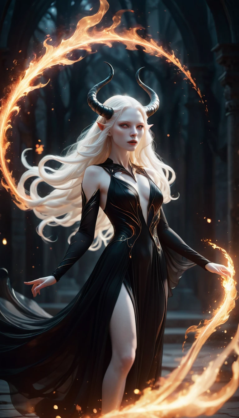 whole body, Solitary,A beautiful female demon, With deep black eyes, Albinos with very pale skin, Long hair fluttering in the wind, Floating flame particles, Long flowing transparent black dress, (Long and complex horns:1.2) desolate, surreal fantasy, at night, Geometric abstract art, fantasy, detailed, (Rim Light, Side lighting:1.4), Bokeh, 4K