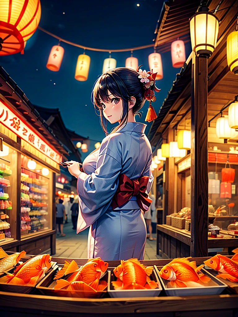 Highest quality,Highest Resolution,fair,Night Festival,shrine,Woman in yukata,stall,Opening a store,men and women,Couple,Goldfish scooping,