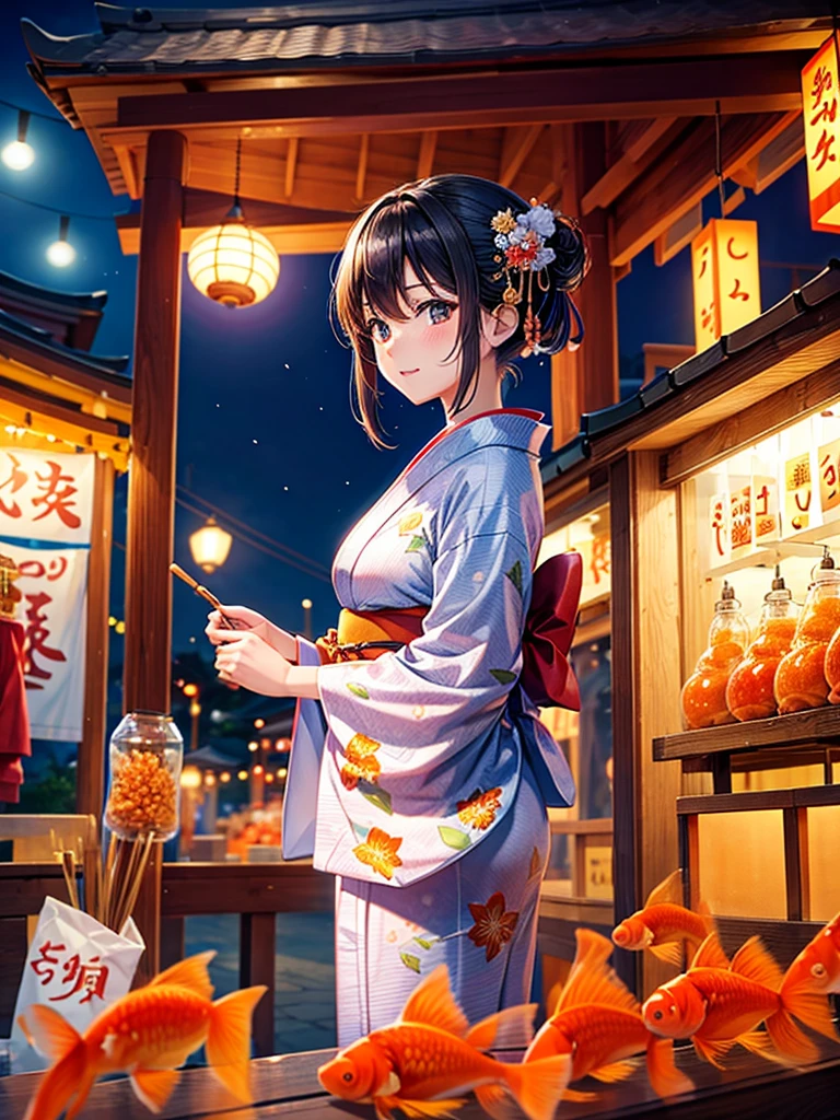 Maid Girl(Maid clothes(yukata)Holding a tray(Topped with tropical juice) ) Main Street(barbecue) Fireworks in the background(hologram) Night Sky