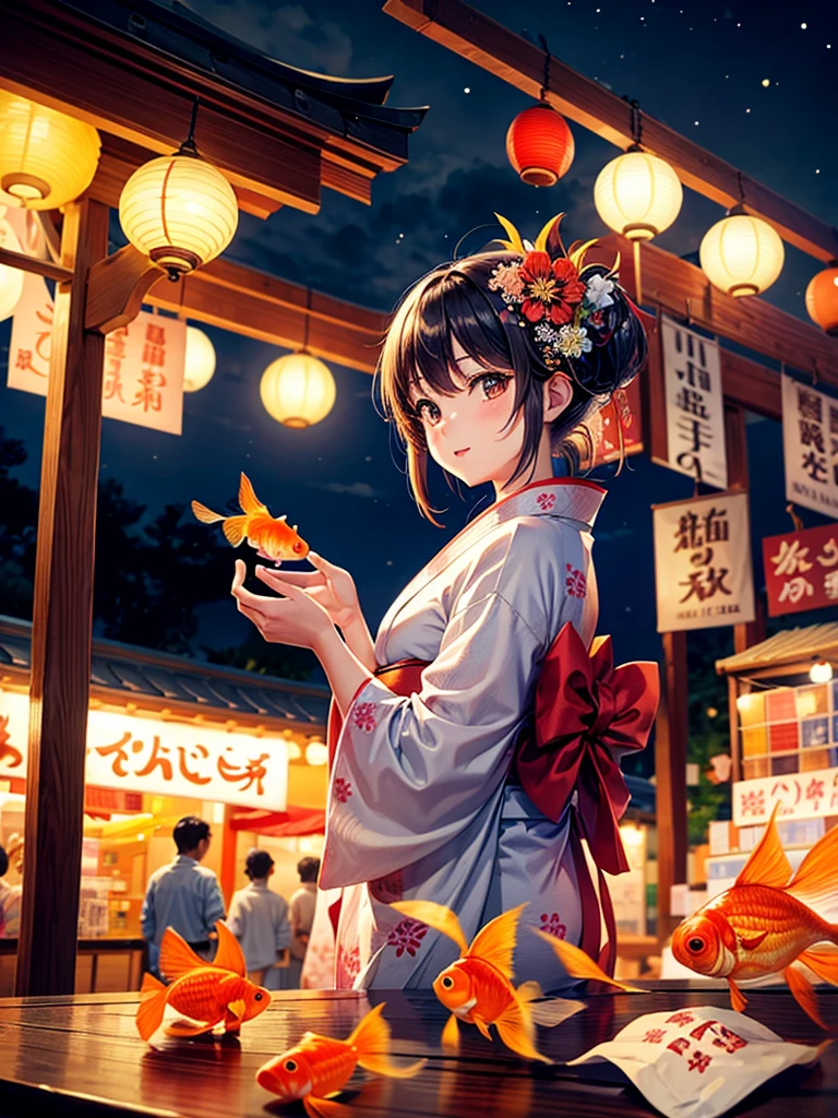 Highest quality,Highest Resolution,fair,Night Festival,shrine,Woman in yukata,stall,Opening a store,men and women,Couple,Goldfish scooping,