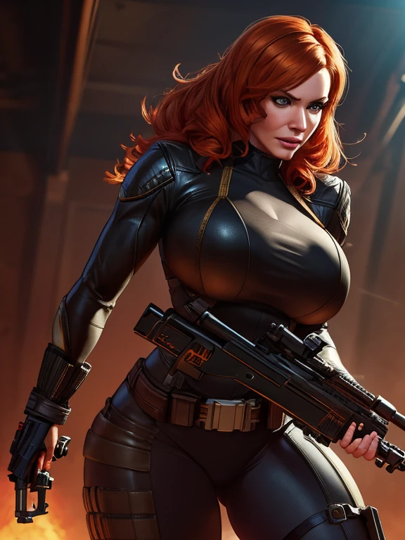 Christina Hendricks as an action hero, alluring 48 year old woman, High-quality facial research of Christina Hendricks, (Christina's sculpted cheekbones and slight wrinkles around the face), High-quality detailed research of Christina Hendricks voluptuous figure. ((aiming at the viewer with a gun)), skin-tight black leather suit, utility belt, two pistols, ((holding a handgun)), (((decent looking gun)))). Dramatic lighting,high contrast,highly saturated colors,shadows and highlights,epic artistic, sharp focus, even lighting, insane details, The 4k textures showcases the utmost level of detail, Full bodyesbian, Competitive high quality, Whole body, Casual pose, Beautiful pose, (Extremely detailed CG 8k wallpaper), (Extremely delicate and beautiful), (Masterpiece), (Best quality: 1.0), (Ultra-high resolution: 1.0), Beautiful lighting, Perfect lighting, Realistic shadows, [high resolution], Detailed skin, Super detailed (((Colorful))), Digital art, metal gear solid concept art, full body concept art, Expert concept art with high detail, concept-art，Such as Ernest Khalimov, fps game concept art, concept-art, craig mullins style, Video game concept art, 4K
