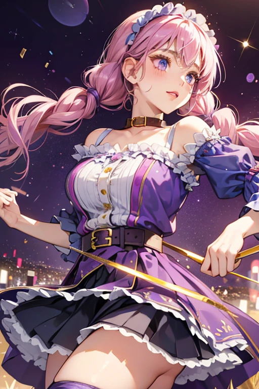 Super B.B. has fair skin and dark red blushed cheeks and pale pink lipstick. Her eyes are lavender and she has pink hair worn in braided pigtails with streaks of purple on the corner and bangs. Her hair is coated in glitter. She wears a glittery purple top with a gold belt and collar, and a violet pleat skirt covered in indigo hearts and a gold glittery trim. She wears dandelion ballerina flats paired with violet stockings. SPARKLE; GLITTER