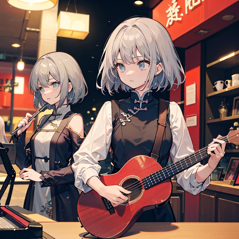 Two Girls, A girl is holding a piano, A girl is holding a lute, Gray Hair, Cyansia Fantasy, CG Social Popularity, Chinese Tower, Potential customers emerge, Hair is scattered, Motion Blur, Cinema Lighting, Blurred foreground, Motion Lines, Attention to detail, 16K, High resolution, Textured skin, Super detailed