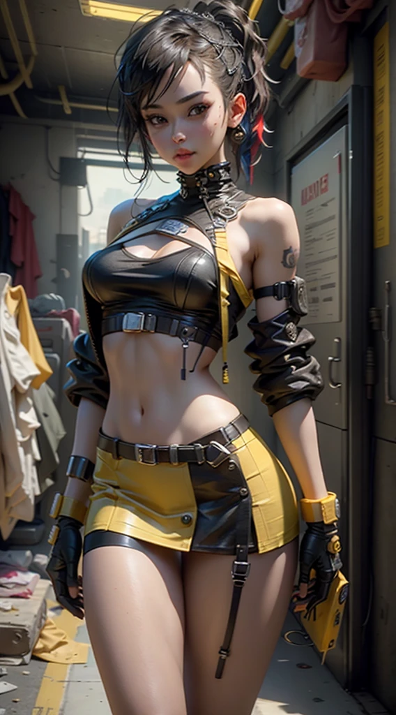 unreal engine:1.4,CG ultra realistic 64K, photorealistic:1.4, skin texture:1.4, Masterpiece:1.4,posing behind Beautiful woman with babydoll lingerie、Short yellow cyberpunk style clothing, pantimedias red , Blue mini skirt,