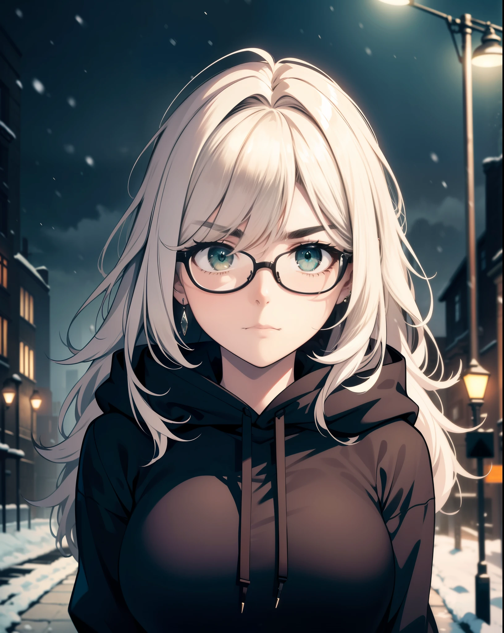 Best quality, volumetric lighting, cinematic lighting, masterpiece, ultra high res, 4k, (soft round detailed face), (sad expression), (detailed green eyes), bags under eyes, thick eyebrows, depressed, melancholy, (wearing rounded glasses), (very pale light skin), detailed black hair, ((long messy greasy hair)), (plain black hoodie), black stud earrings, black nail varnish, unwashed, unkempt, disheveled, sodium streetlamps, midnight, dark clouds, London, snow