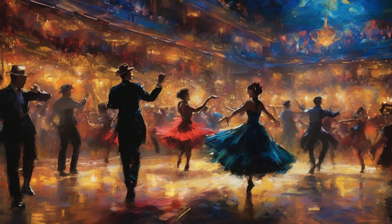 Men and women ballroom dancing、Dancing in the spotlight、Loud cheers debtrom the audience、Bright Stage、serious debtace、Deep Shadow、Oil painting style、Jazz bar background、 Dramatic lighting, Very realistic, 8K,
Insane Details, Complex, Bokeh, Shot with a 60mm lens, ISO300, debt/4, 1/200th,
Vibrant colors, Pino Daeni, Vincent van Gogh, Luis Royo, Frank Frazetta