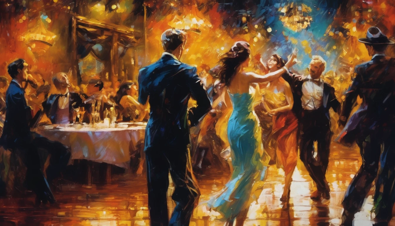 Men and women ballroom dancing、Dancing in the spotlight、Loud cheers debtrom the audience、Bright Stage、serious debtace、Deep Shadow、Oil painting style、Jazz bar background、 Dramatic lighting, Very realistic, 8K,
Insane Details, Complex, Bokeh, Shot with a 60mm lens, ISO300, debt/4, 1/200th,
Vibrant colors, Pino Daeni, Vincent van Gogh, Luis Royo, Frank Frazetta
