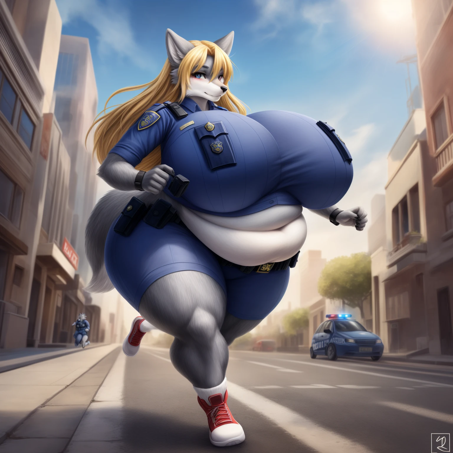  (8K, Masterpiece, high resolution, super fine illustration:1.3), (cool, beautiful, mannish:1.65), fluffy, perfect anatomy, detailed background, (solo, silver fur, 1 female wolf kemono:1.5), (long hair), (blonde hair:1.25), at big city, (police uniform:1.5), (tall:1.25), (topheavy, huge breasts:1.25), (big ass, thick thighs), (thicc, plump, fat, fat belly, muffintop, lovehandle:1.25), looking at viewer, serious, (running, chasing suspect:1.5)