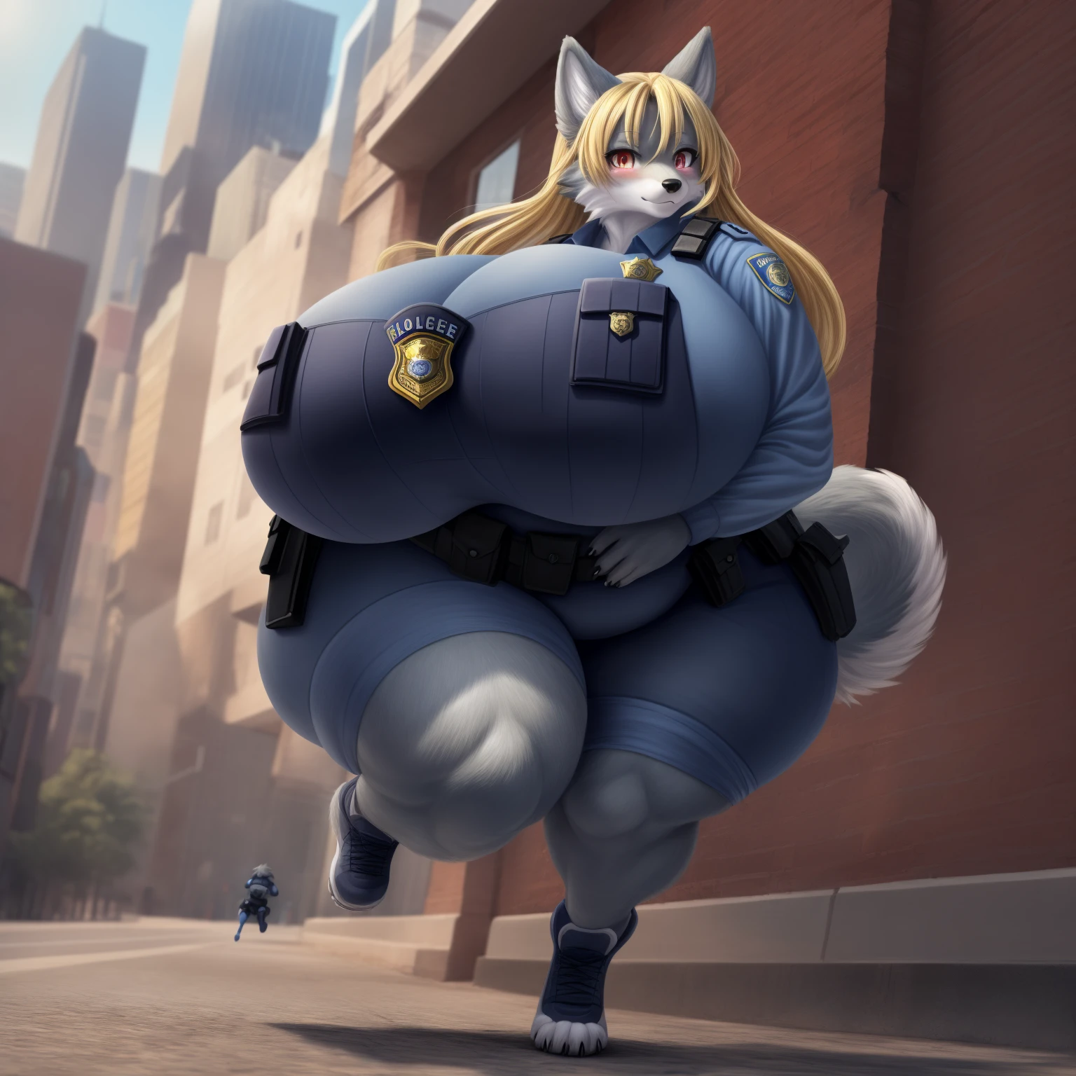 (8K, Masterpiece, high resolution, super fine illustration:1.3), (cool, beautiful, mannish:1.65), fluffy, perfect anatomy, detailed background, (solo, silver fur, 1 female wolf kemono:1.5), (long hair), (blonde hair:1.25), at big city, (police uniform:1.5), (tall:1.25), (topheavy, huge breasts:1.25), (big ass, thick thighs), (thicc, plump, fat, fat belly, muffintop, lovehandle:1.25), looking at viewer, serious, (running, chasing suspect:1.5)