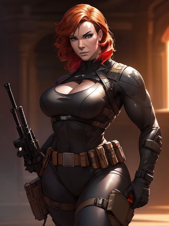 Imagine Christina Hendricks as an Call of Duty character, Christina Hendricks as a video game character, Call of Duty, Christina Hendricks in a First-Person shooter video game, created in Craig Mullins style. High-quality facial research of Christina Hendricks, (Christina's sculpted cheekbones and slight wrinkles around the face), 48 years old, High-quality detailed research of Christina Hendricks voluptuous figure. Body armor, armored suit, cleavage, high-tech goggles, metallic utility belt, metal arm bands, gun holsters, fingerless gloves. Glamorous, confident expression, fierce and powerful stance. (Full Body shot), (realistic photo, best quality, detailed), (8k wallpaper), (cinematic lighting, dramatic lighting) (sharp focus, intricate)