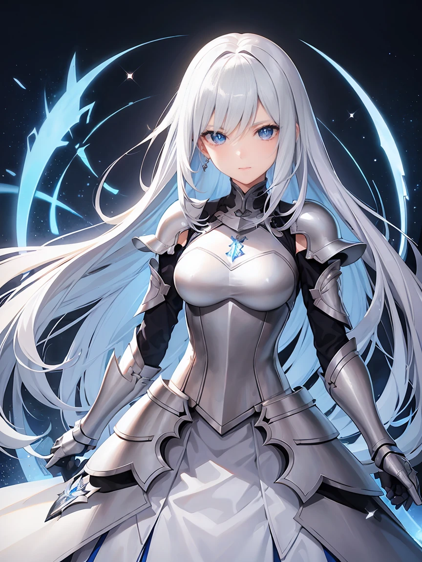 Gray hair straight long、Beautiful sparkling blue eyes、Detailed eyes、high quality、masterpiece、One Woman、solo、White Knight、Silver Armor、Clean sword、Rin々Shii、Focus on the Opponent、Anime style face
