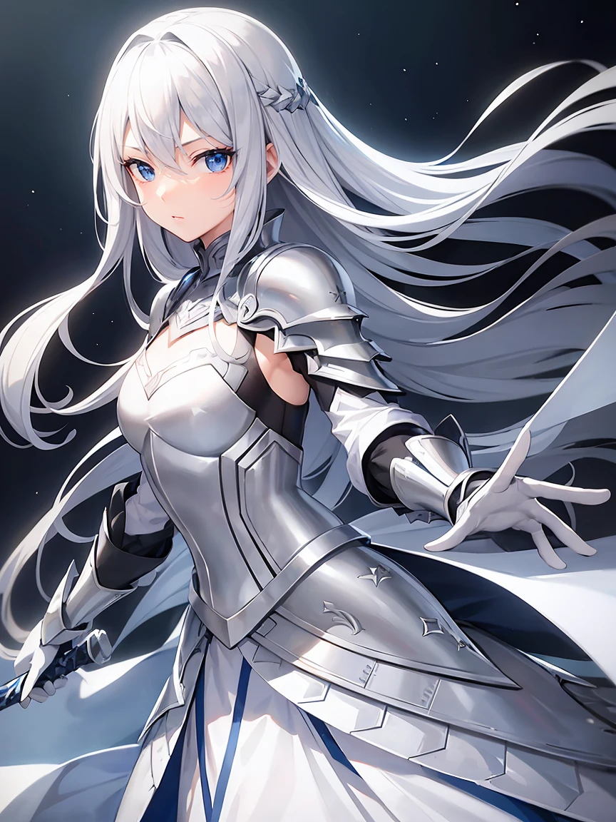 Gray hair straight long、Beautiful sparkling blue eyes、Detailed eyes、high quality、masterpiece、One Woman、solo、White Knight、Silver Armor、Clean sword、Rin々Shii、Focus on the Opponent、Anime style face