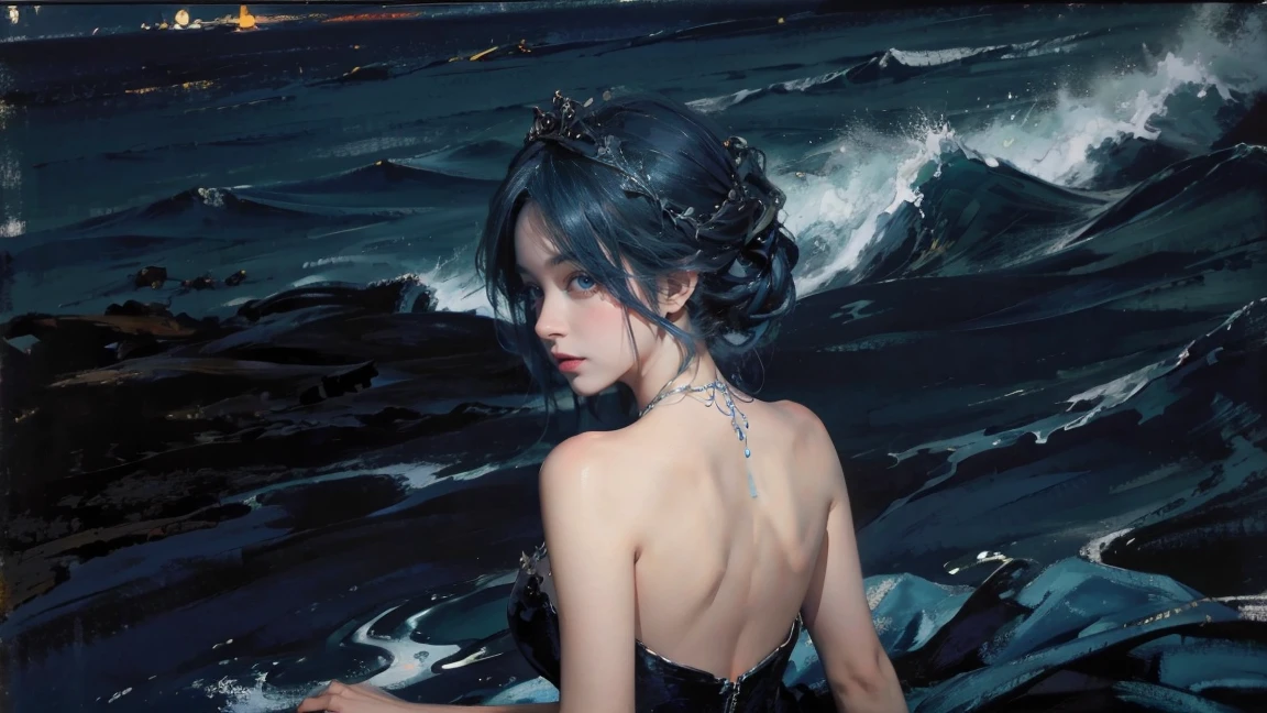 night，Oil painting style，The back of a girl，Blue Hair，Upper Body，Background is the sea，Late Night，Exquisite eyes，Wear a dress