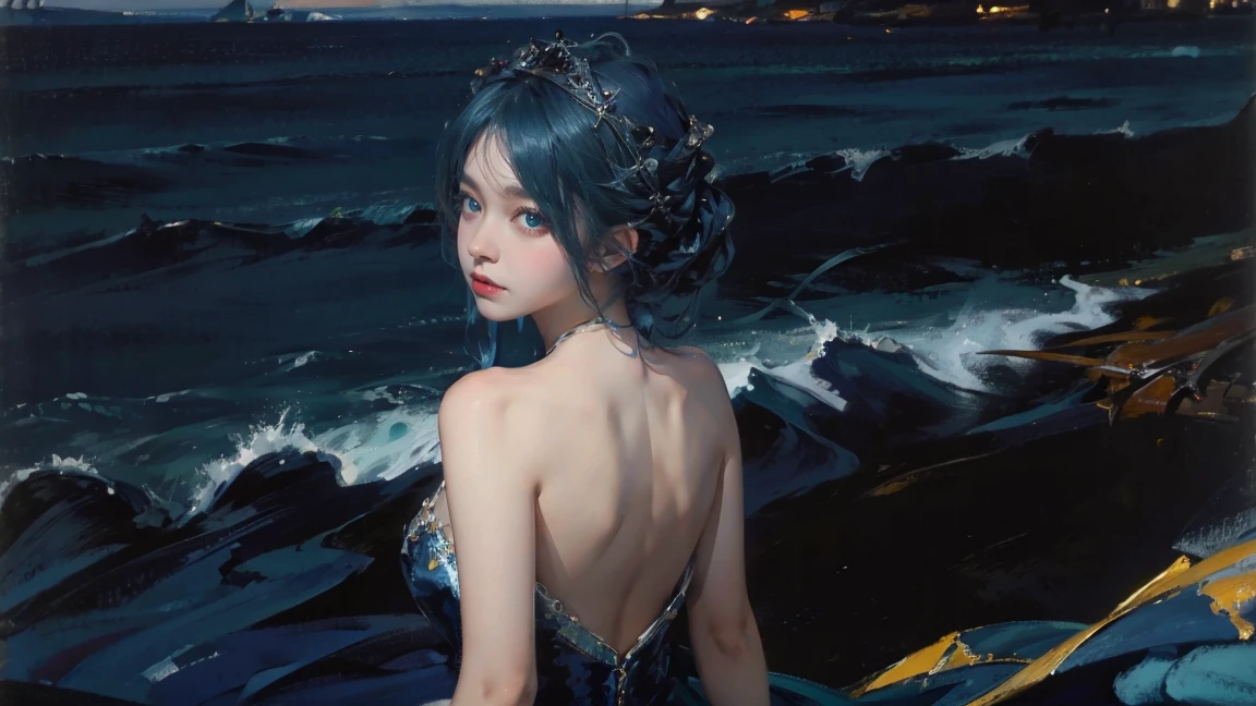 night，Oil painting style，The back of a girl，Blue Hair，Upper Body，Background is the sea，Late Night，Exquisite eyes，Wear a dress