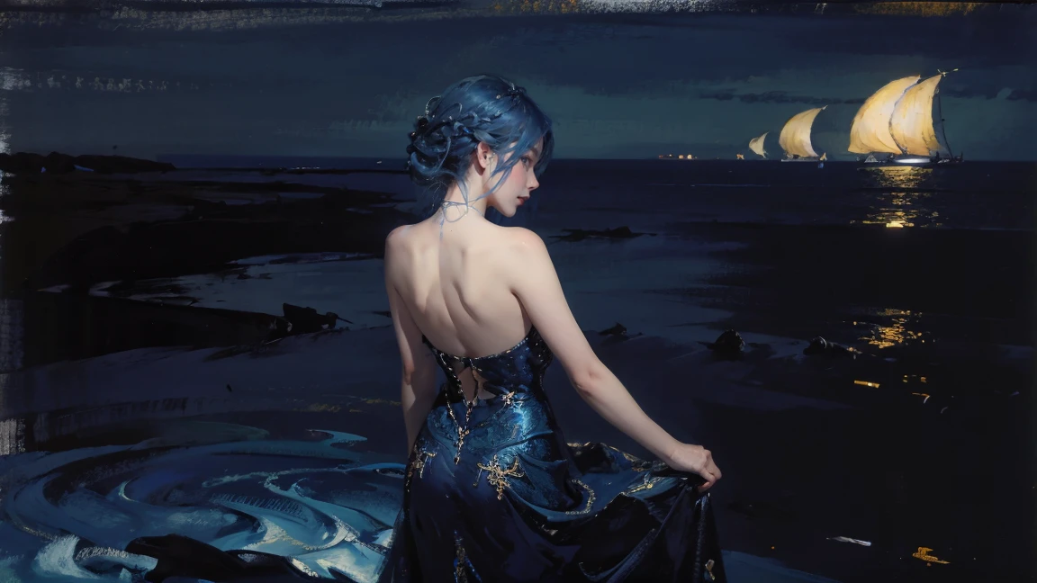 night，Oil painting style，The back of a girl，Blue Hair，Upper Body，Background is the sea，Late Night，Exquisite eyes，Wear a dress