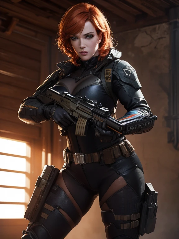 Christina Hendricks as an action hero, alluring 48 year old woman, High-quality facial research of Christina Hendricks, (Christina's sculpted cheekbones and slight wrinkles around the face), High-quality detailed research of Christina Hendricks voluptuous figure. ((aiming at the viewer with a gun)), skin-tight black leather suit, utility belt, two pistols, ((holding a handgun)), (((decent looking gun)))). Dramatic lighting,high contrast,highly saturated colors,shadows and highlights,epic artistic, sharp focus, even lighting, insane details, The 4k textures showcases the utmost level of detail, Full bodyesbian, Competitive high quality, Whole body, Casual pose, Beautiful pose, (Extremely detailed CG 8k wallpaper), (Extremely delicate and beautiful), (Masterpiece), (Best quality: 1.0), (Ultra-high resolution: 1.0), Beautiful lighting, Perfect lighting, Realistic shadows, [high resolution], Detailed skin, Super detailed (((Colorful))), Digital art, metal gear solid concept art, full body concept art, Expert concept art with high detail, concept-art，Such as Ernest Khalimov, fps game concept art, concept-art, craig mullins style, Video game concept art, 4K
