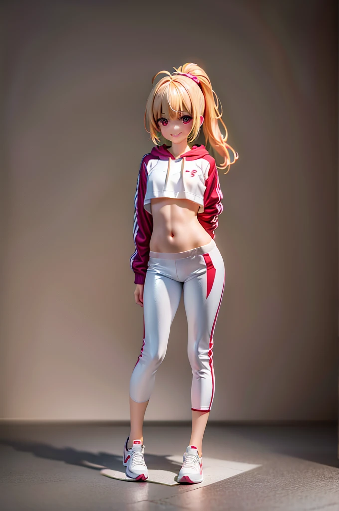 17 year old girl、blonde ponytail、Ahoge、big round red eyes、grin、small breasts、White sweatshirt、Belly button、White tracksuit pants