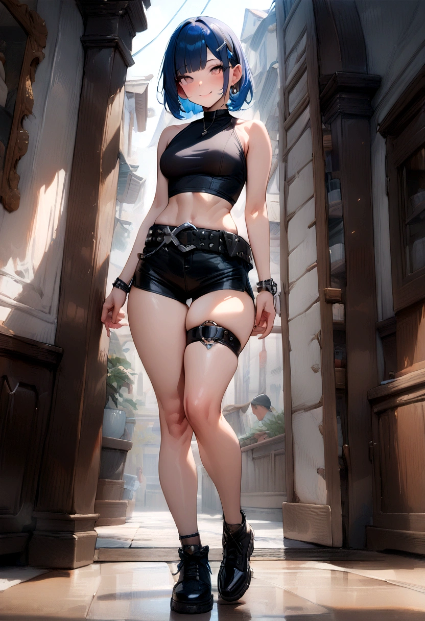 1girl, standing, very tall, thin, (masterpiece, best quality:1.5), (photorealistic:1.3), absurdres, ultra-detailed, HDR, full body, short hair, hair clip, blush, smiling, medium breasts, tight crop top, diagonal bangs, red gradient eye, thighs, sapphire hair, sleeveless, long legs, short shorts, punk belt, thigh strap (right leg only),
