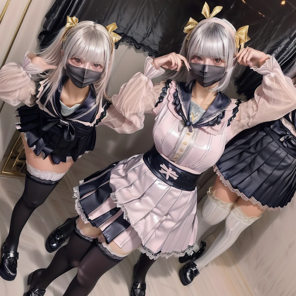 8K resolution, surreal, Super detailed, high quality, perfect anatomy, perfect proportion, full body, 
((((A group photo of home party, crowded festival in room)))), 8 girls, group photo, 
(((((shiny satin or latex, jirai fashion, sailor collar, sailor uniform with many frills, Lace, pleated skirt, micro mini skirt, bow ribbon))))), 
(((black clothes, pink clothes, grey clothes))), 
((grin, smile, happy)), ((((wearing black face mask)))), 
((((bright bleached hair | silver hair | gold hair))))+, ((super large breasts)),  hposing Gravure Idol, 
(((shiny detailed oiled porcelain skin))), 
(At the luxurious bedroom at late night), (((see-through black thighhighs))), 
looking at viewer