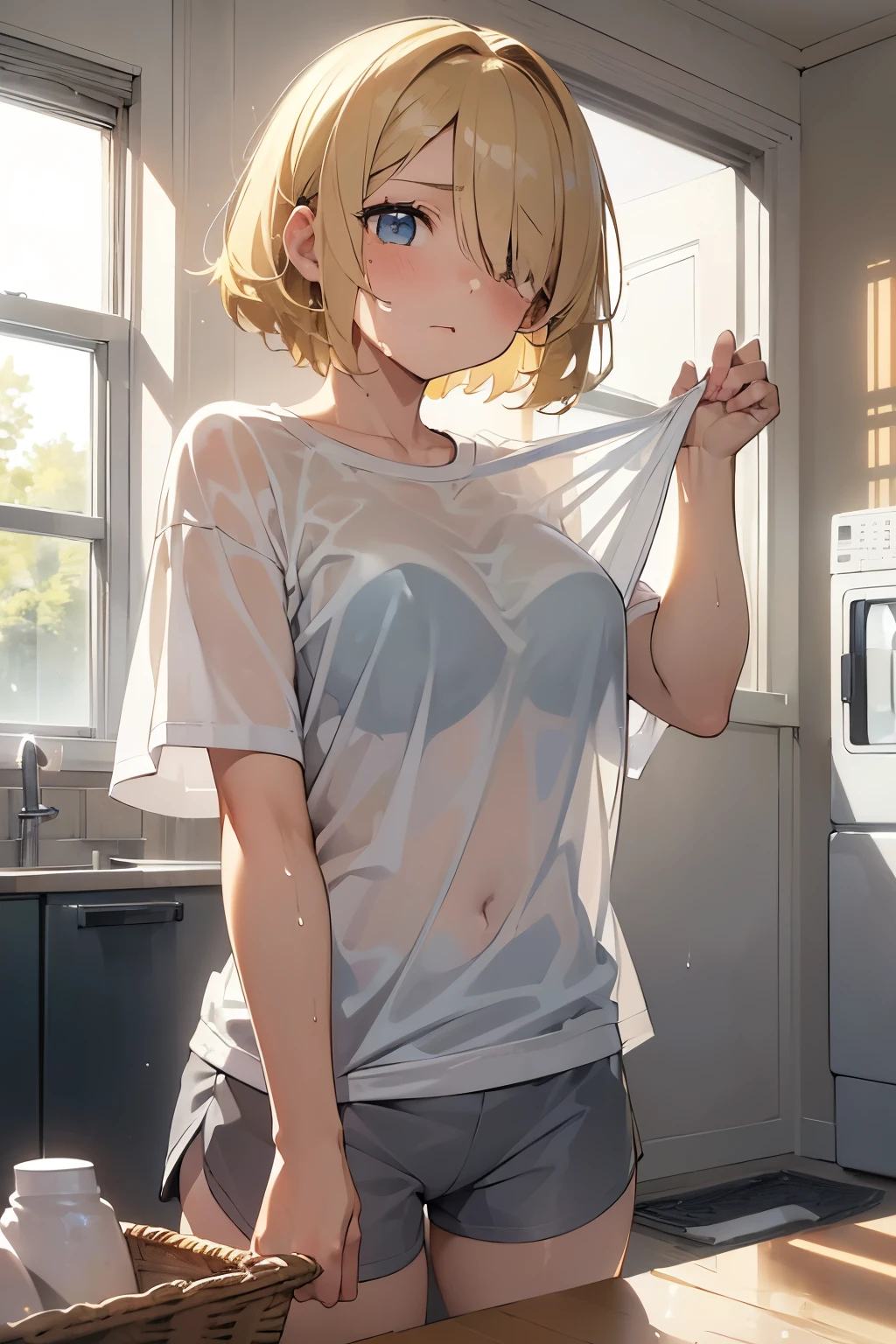 morning .①：Highest quality, Anime Moe Art Style,最高のアニメ8Kこなちゃんの壁紙,pixiv Contest Winner,Perfect Anatomy, Very detailed,High resolution,Very detailed肌, Professional Lighting,8K ，
②：(One Girl:1.5), Young，(alone,:1.8),high school student, (short hair:1.3), (straight hair:1.6)，(normal breasts)，(hair over one eye:1.8),(blonde hair:1.8)，Complete limbs,Full Finger, blue eyes, hairpin, beautiful detailed eyes, pale skin，one eye closed，sparkling pupils，(sad:1.3)
③：from side，(close up:1.7)，(arms up)
④：(pink bra),(gray sports shorts:1.5)，Front string ⑥：(wet clothes:1.5)，(wet white shirt:1.4), (wet hair)，(see-through wet shirt).
⑦：((laundry basket)).laundry basket, a washstand, towels, potted plants, soap bubbles),(Washroom).((A large room with a window where many laundry items are hung to dry:1.3)).