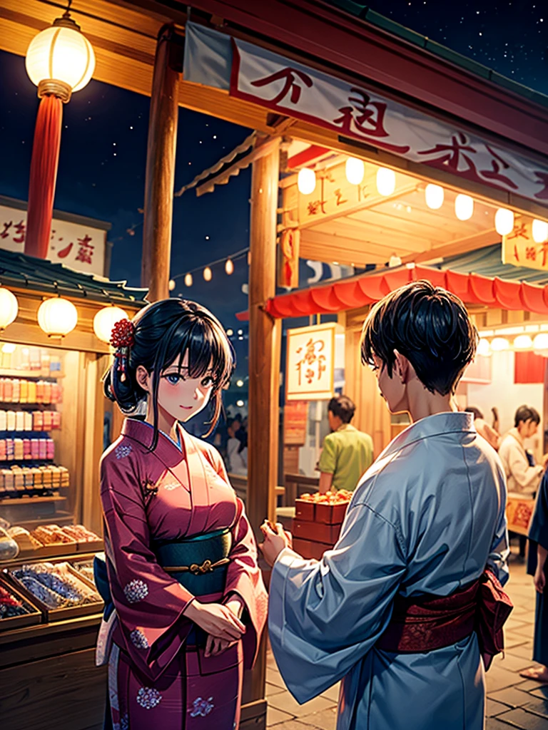 Highest quality,Highest Resolution,fair,Night Festival,shrine,Woman in yukata,stall,Opening a store,men and women,Couple,