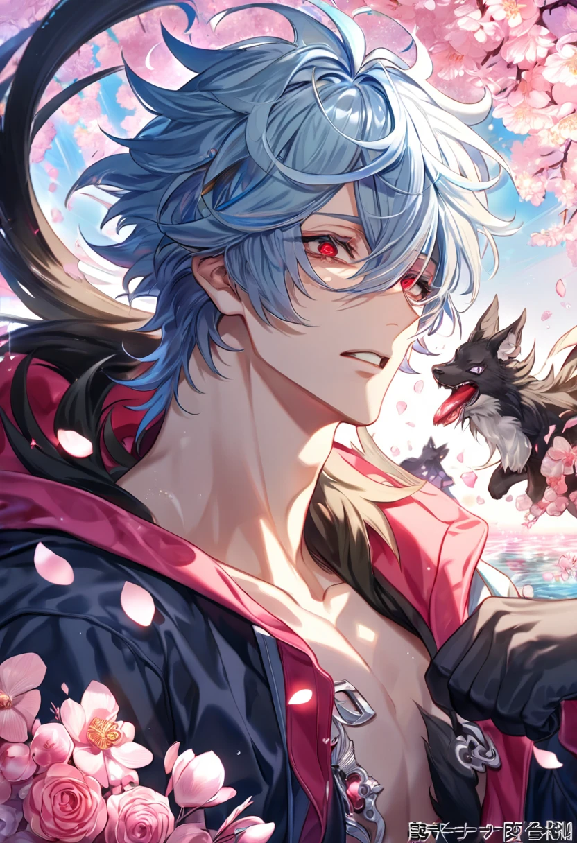 absurdres, highres, ultra detailed, HDR, master piece, best quality, Kuro, light-blue hair, messy hair, expressive red eyes,  black bags under the eyes, Servamp, solo, sexy man, handsome, light blue hooded jacket with black colored fur, fantasy, shining, pink flowers, pink blossoms, water, pink petals, magical