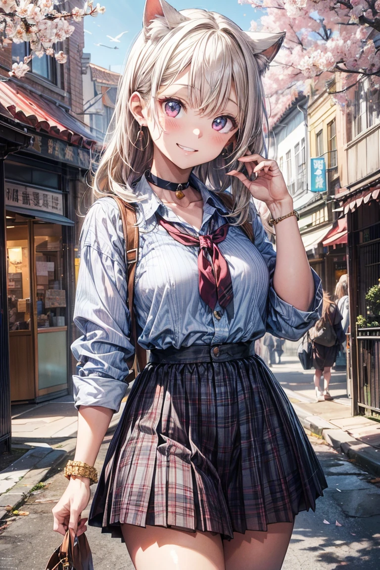 (((masterpiece))), (((Highest quality))), ((Very detailed)), ((Very detailedなイラスト)), ((Ultra-fine painting)), (16K Highest quality wallpaper:1.4), (Detailed and elaborate illustration style,:1.8) Detailed skin texture, High quality fabric, , (T-masterpiece), (Very detailedな顔:1.4), original, RAW Photos, Professional, Intricate details, Very detailed, Direct sunlight:1.6, ,(Cowboy Shot:1.9)、(Perfect Anatomy:1.4), (Extremely elaborate hands:1.2), (Very elaborate fingers:1.2), (Very elaborate fingers先:1.2),, (alone:1.6), (beautiful and adorable cat ears:1.6), (Intricate and delicate cat ears:1.4), (beautiful, Shiny white hair:1.6), (Very fine and delicate white hair:1.4),, (Very detailedな顔:1.4),(Light purple eyes:1.4),(smile:1.4),, whole body,
One girl, bangs, black choker, black tie, Blonde, blue skirt, blush, bracelet, chest, choker, clothes The surrounding area waist, clavicle, collared shirt, Cowboy Shot, dress shirt, ear Earrings, Eyebrows visible through hair, Gradient Hair, Grin, Improve, jewelry, Kogal, Long Hair, View your viewers, loose tie, tie, Earrings, Plaid, Plaid skirt, pleated skirt, Red eyes, ring, , shirt, skirt, smile, alone, white shirt,
street, null, cherry blossoms, petal,figure, (magazine:1.6), (cover-style:1.5), fashionable, woman, Vibrant, Costume, Pause, front, colorful, dynamic, background, element, have confidence, Performance, Holding, statement, accessories, Majestic, Coiled, The surrounding area, touch, scene, article, cover, bold, to attract attention, title, stylish, font, Catchy, Heading, big, impressive, Modern, trend, concentrated, fashion,