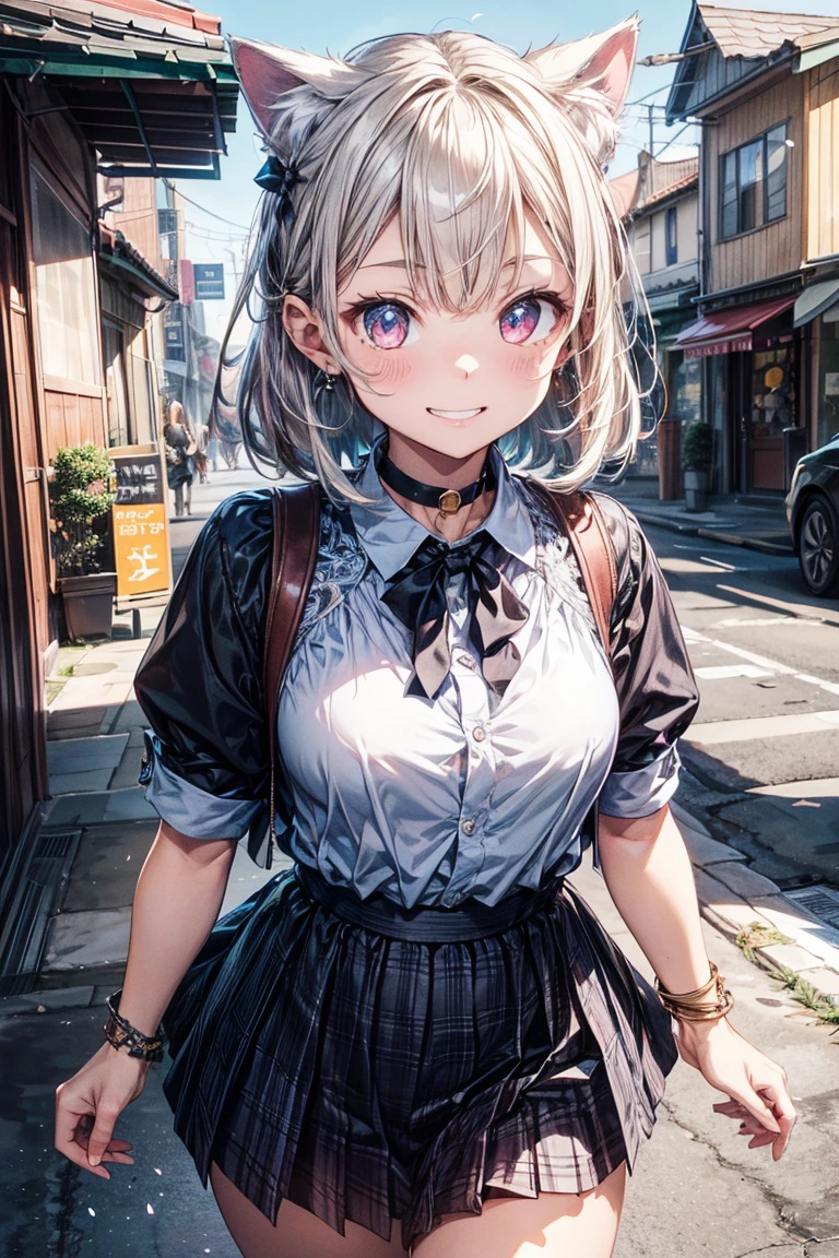 (((masterpiece))), (((Highest quality))), ((Very detailed)), ((Very detailedなイラスト)), ((Ultra-fine painting)), (16K Highest quality wallpaper:1.4), (Detailed and elaborate illustration style,:1.8) Detailed skin texture, High quality fabric, , (T-masterpiece), (Very detailedな顔:1.4), original, RAW Photos, Professional, Intricate details, Very detailed, Direct sunlight:1.6, ,(Cowboy Shot:1.9)、(Perfect Anatomy:1.4), (Extremely elaborate hands:1.2), (Very elaborate fingers:1.2), (Very elaborate fingers先:1.2),, (alone:1.6), (beautiful and adorable cat ears:1.6), (Intricate and delicate cat ears:1.4), (beautiful, Shiny white hair:1.6), (Very fine and delicate white hair:1.4),, (Very detailedな顔:1.4),(Light purple eyes:1.4),(smile:1.4),, whole body,
One girl, bangs, black choker, black tie, Blonde, blue skirt, blush, bracelet, chest, choker, clothes The surrounding area waist, clavicle, collared shirt, Cowboy Shot, dress shirt, ear Earrings, Eyebrows visible through hair, Gradient Hair, Grin, Improve, jewelry, Kogal, Long Hair, View your viewers, loose tie, tie, Earrings, Plaid, Plaid skirt, pleated skirt, Red eyes, ring, , shirt, skirt, smile, alone, white shirt,
street, null, cherry blossoms, petal,figure, (magazine:1.6), (cover-style:1.5), fashionable, woman, Vibrant, Costume, Pause, front, colorful, dynamic, background, element, have confidence, Performance, Holding, statement, accessories, Majestic, Coiled, The surrounding area, touch, scene, article, cover, bold, to attract attention, title, stylish, font, Catchy, Heading, big, impressive, Modern, trend, concentrated, fashion,