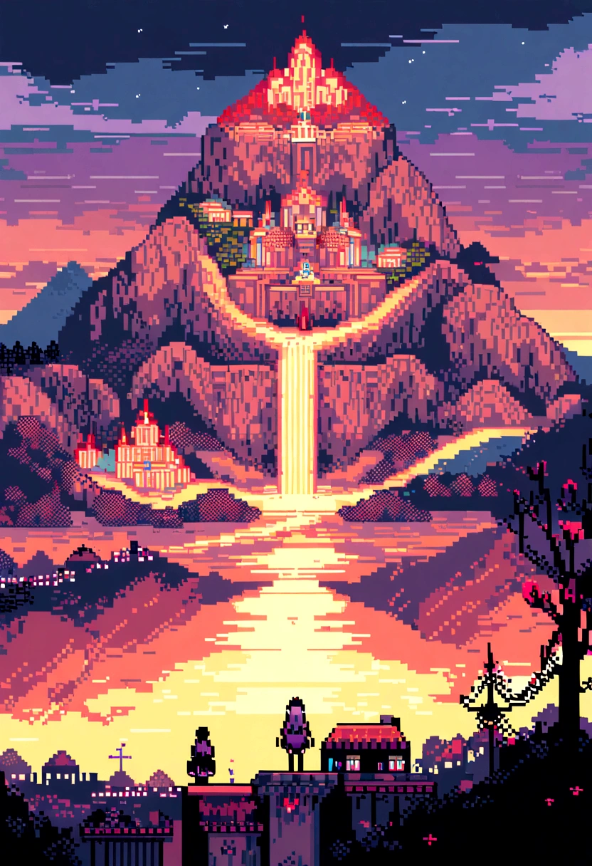 (Best Quality,high resolution), pixel art, vibrant colors, nostalgic atmosphere, Immersive gameplay, 16-bit graphics, pixel perfect controls, girl visits her grandmother, Town, surrounded by mountains