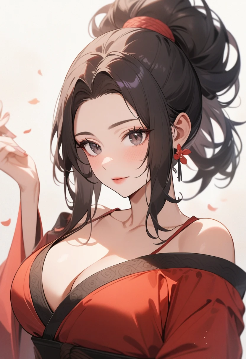 Mature women,Black long hair,Hair up,Red Hanfu,Showing cleavage,Show your shoulders,Beautiful black eyes,Extremely detailed,high resolution,Simple background