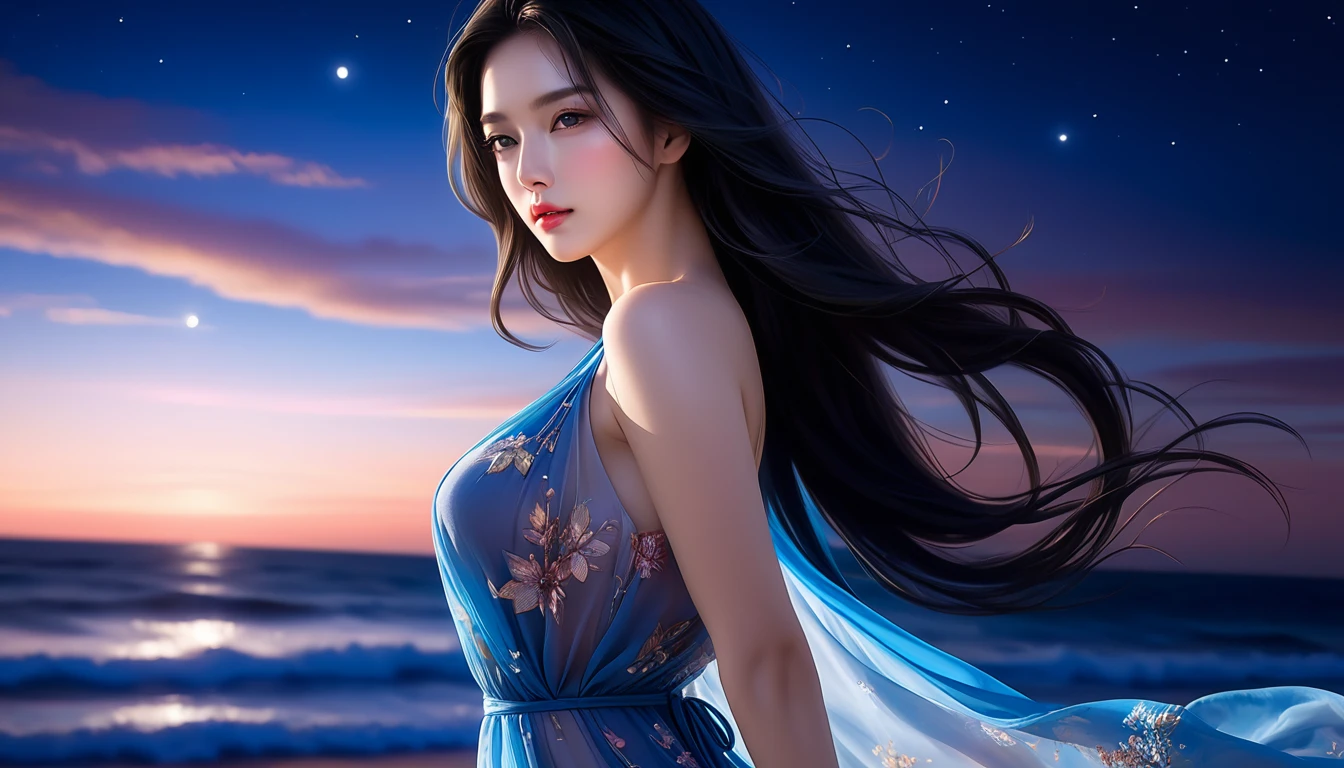 4K resolution, 8K resolution, beautiful, Highest quality, Absolutely wonderful, Very detailed, Ultra-high resolution, masterpiece, RAW Photos, Realistic, Depth of written boundary, Cinematic Light, 
One elegant mature woman, 
Long black hair, 精巧なディテールのbeautiful顔, Sensual look, Heavy eye make-up, Transparent white skin, Very sensitive skin, Great proportions, Glamorous Body, Anatomically correct body, 
Bold beach dress, Summery design, Beautifully detailed pattern, Detailed cloth texture, 
(Night sky background:1.1), (Dark sandy beach at night:1.1),
Cinematic Angle, 