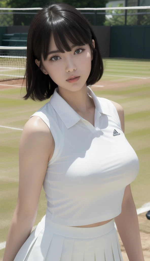 1People Women、shirt、Pleated skirt、42 years old、Bob Hairstyle、超Big Breasts、Big Breasts、、Japanese、Maid、Chromo white skin、Beautiful Eyes、Dignified face、(Big Breasts)、Play tennis、Wimbledon、Wearing white tennis wear、Cinema Lighting、Upper body portrait、