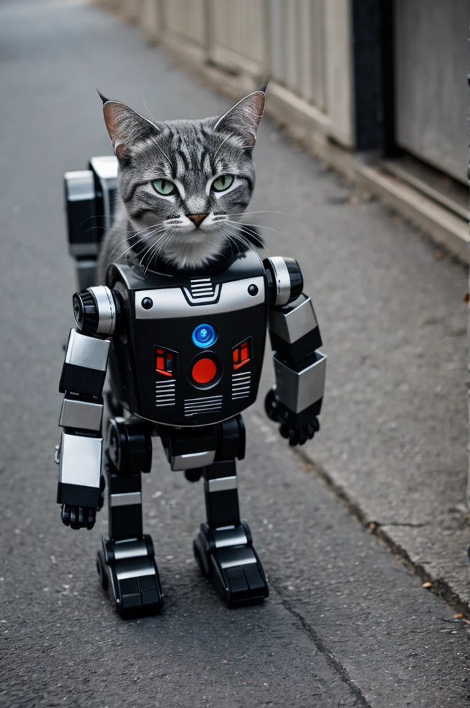 Gray and black striped cat with half robot body
