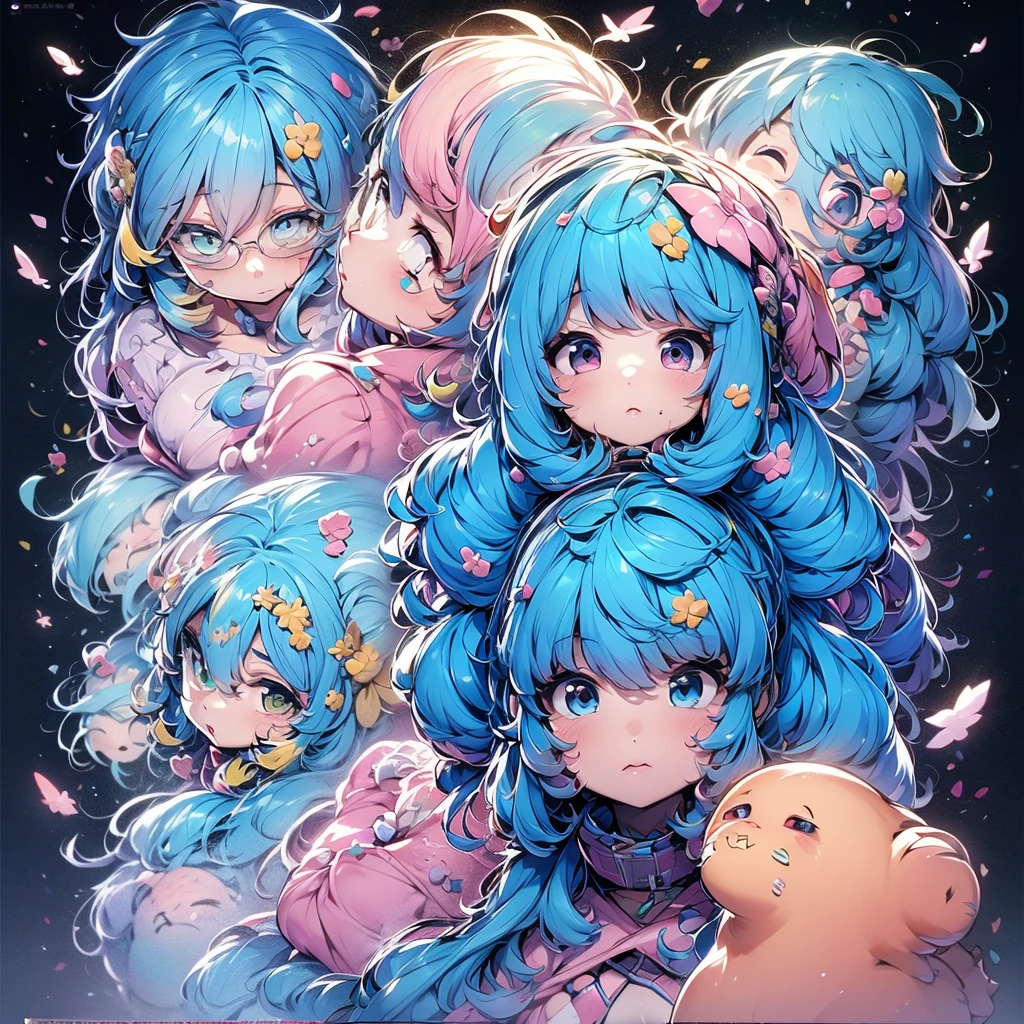 blue hair, so many details, pink detailed big eyes, highest resolution, yellow shirt, light pink tie, blue hat, white open jacket, concept art, <3, There are a lot of hairpins, very fluffy hair, short hair hair, funny posture