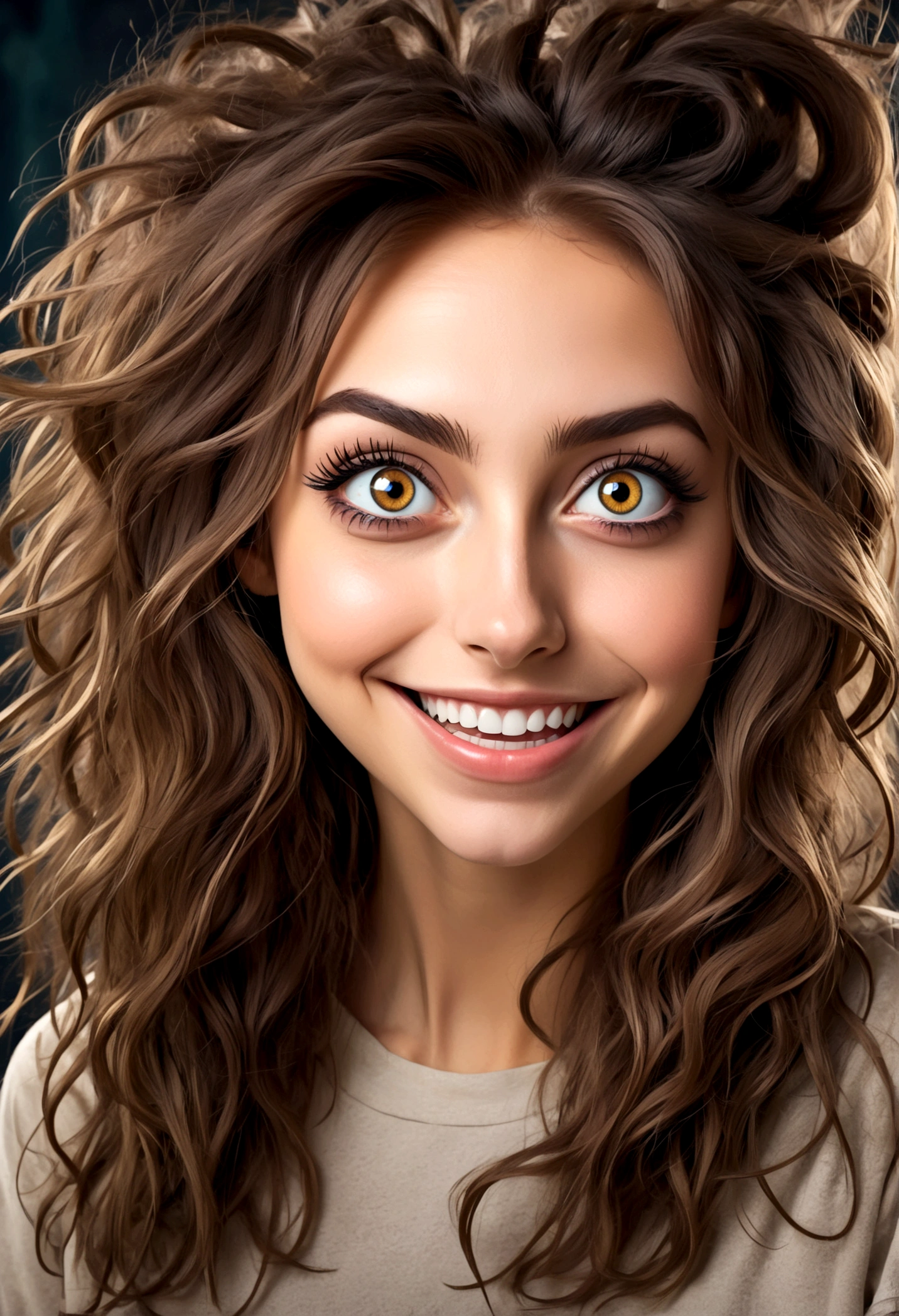 Create an image of a stunningly beautiful Psychotically crazy girlfriend, Stunningly gorgeous perfect face, big smile, large crazy eyes, dilated pupils, long messy hair, psyco clothes,