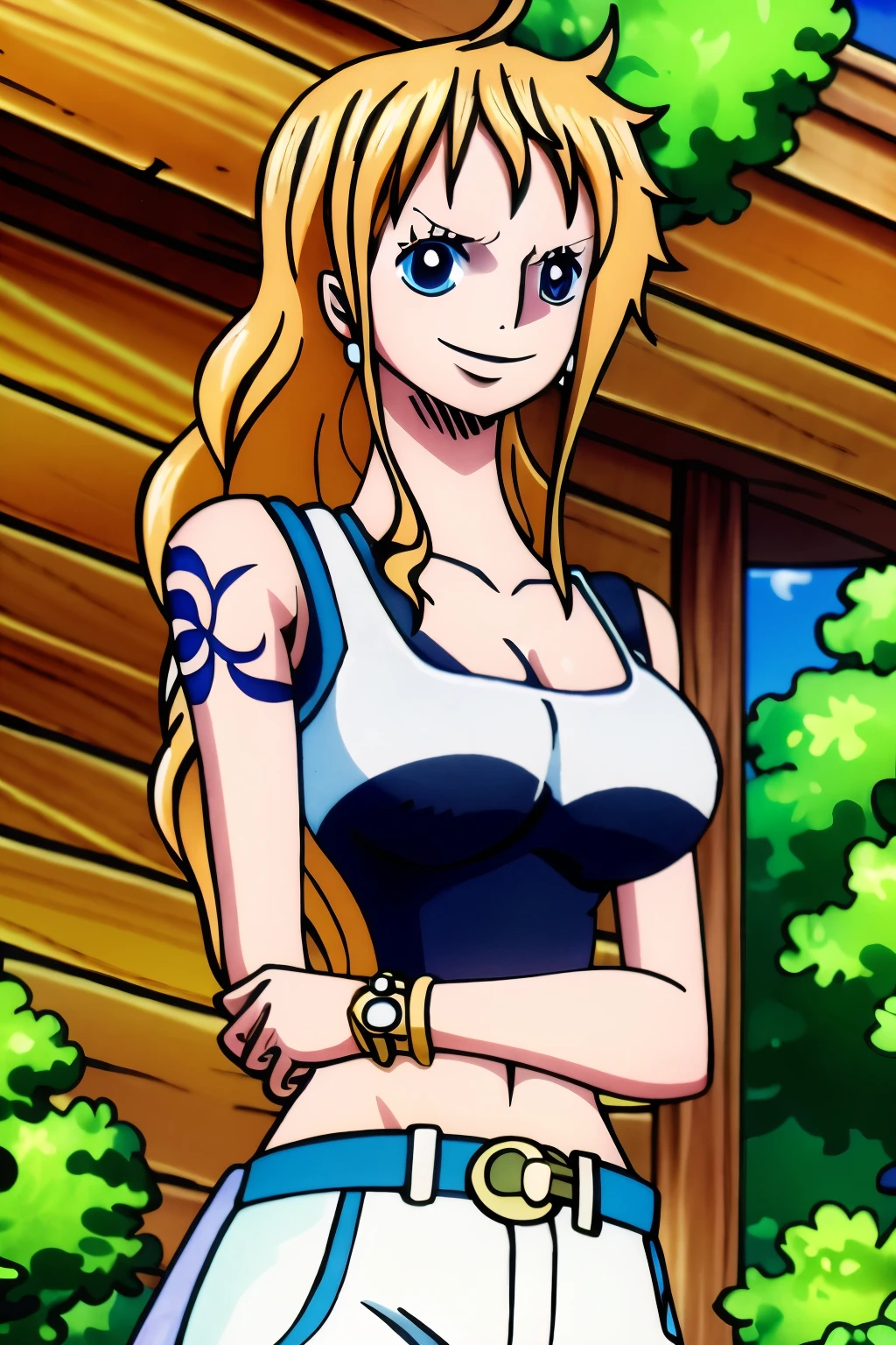 The character has a lean physique with fair skin She has chin-length hair that can be seen as red when the sun hits it, or blond in the shade Her eyes are sharp and angular, almost appearing cat-like in a way She has pale pink lips that curve into a playful smile her outfit consists of a cropped t-shirt and baggy shorts, with a black belt around her waist She also wears black combat boots along with a few bracelets on her wrists