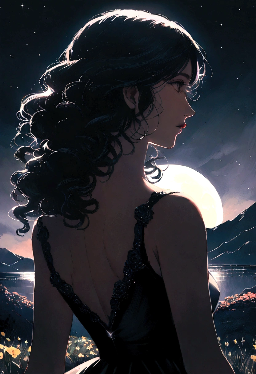 (far view) (landscape view) a black woman with long curly hair, just part of the silhouette, walking on the road with realistic mountains look, drizzle, Chuva fina, night with stars and crescent moon in the upper left corner, flowers in the corners, high resolution, cinematic lighting, extremamente detailded, high-quality portrait, (detailded) (Chuva fina) (back woman) (Walking forward) (extremamente detailded) (realist art)