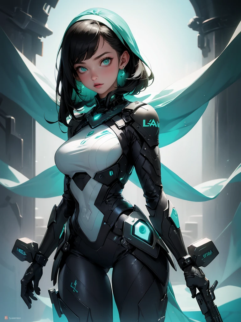 Black Ops Lady, illustration, full body close-up, beautiful detailed phosphorescent aqua green eyes, beautiful detailed thick lips, white tactical gear with lime green light details, short wavy degraded black hair, elegant suit, dark background, professional , high resolution, sharp focus, vivid colors, spectacular lighting