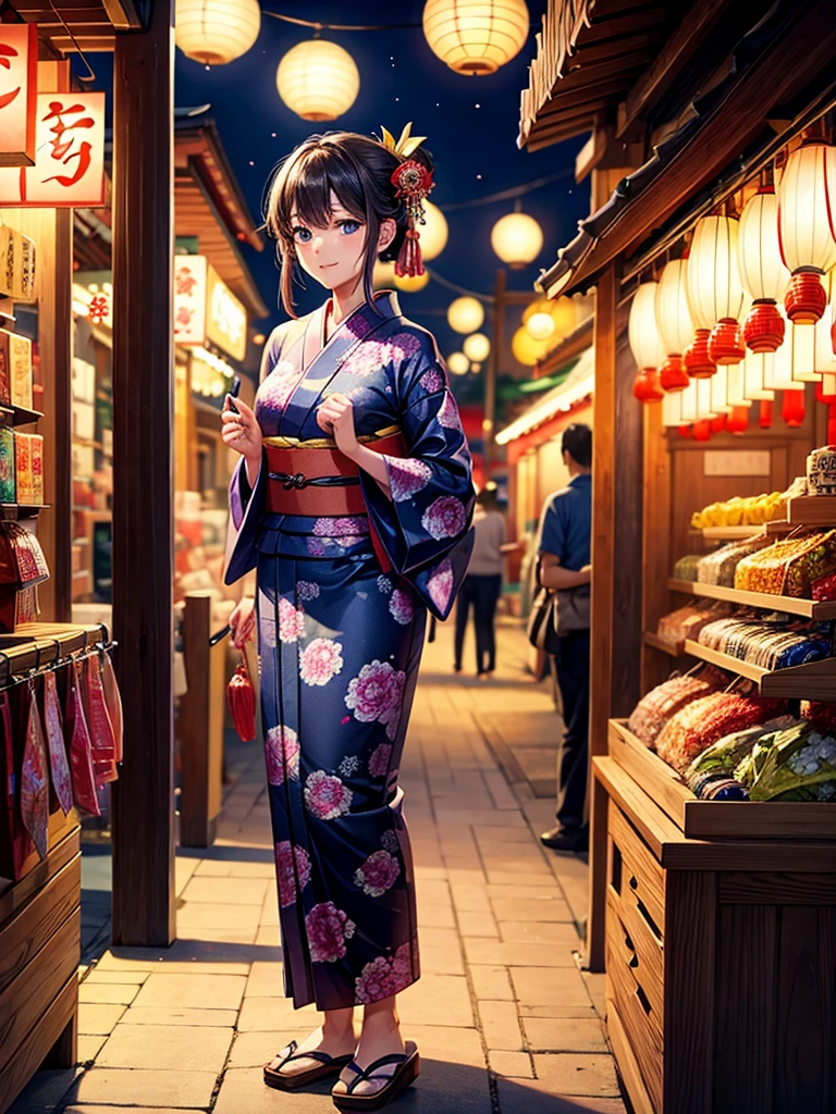 Highest quality,Highest Resolution,fair,Night Festival,shrine,Woman in yukata,stall,Opening a store,men and women,Couple,